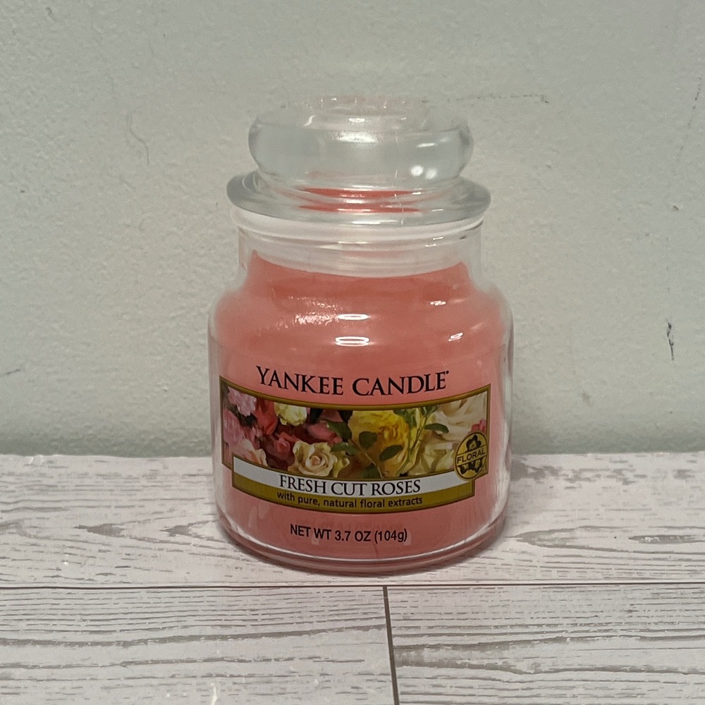 Yankee Candle Fresh Cut Roses Small Jar Candle 3.7 oz Pink Floral Black Line